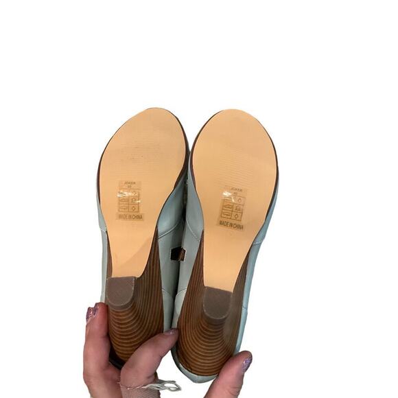 Chelsea Crew Slip-On Sandal Women's 9.5 Green Leather Buckle Peep Toe Block Heel - Picture 5 of 6